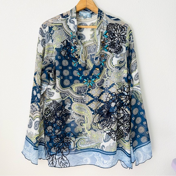 Hale Bob Tops - HALE BOB Paisley Boho 100% Silk Embroidered Beaded Tunic Blouse Summer Size L